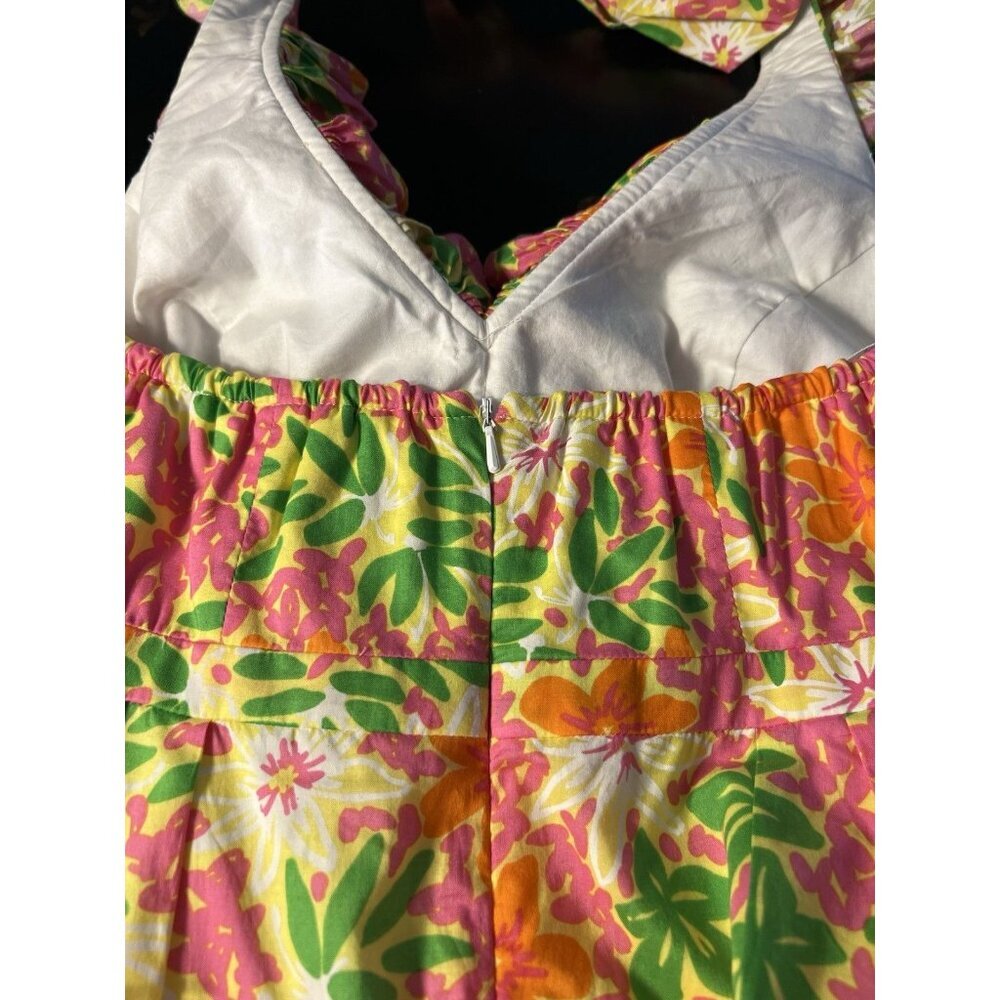 Lilly Pulitzer Ruffle Halter Dress Floral Pink Green Orange Cotton Lined Size 0 - Picture 9 of 11